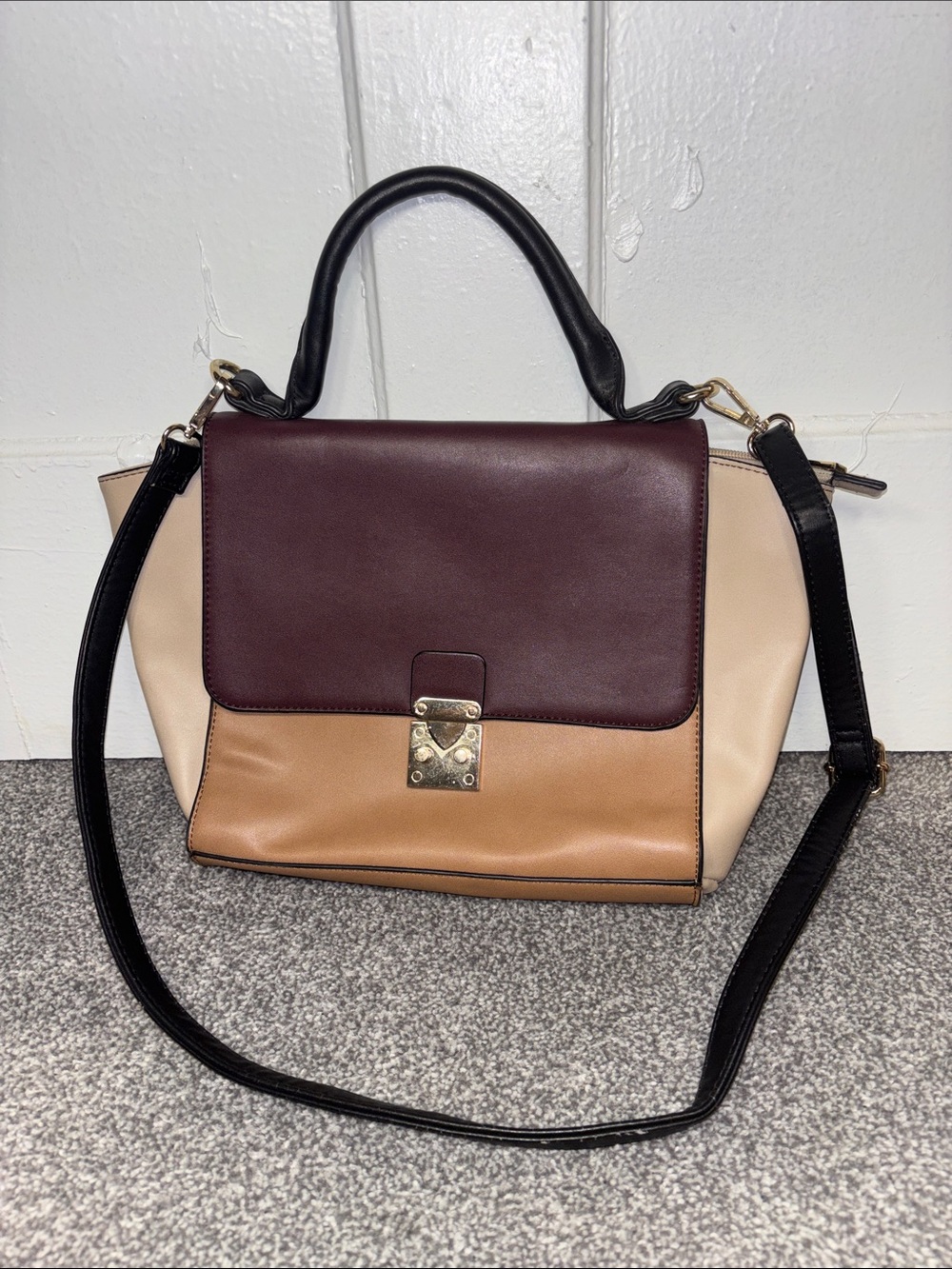 Three-Tone Structured Crossbody Satchel - Black Handle, Burgundy Flap, Tan Body - Picture 3 of 7
